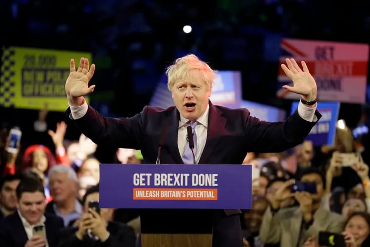 Britain's Prime Minister Boris Johnson speaks during his ruling Conservative Party's final election campaign rally at the Copper Box Arena in London. Britain goes to the polls on Dec. 12. (AP Photo/Kirsty Wigglesworth)