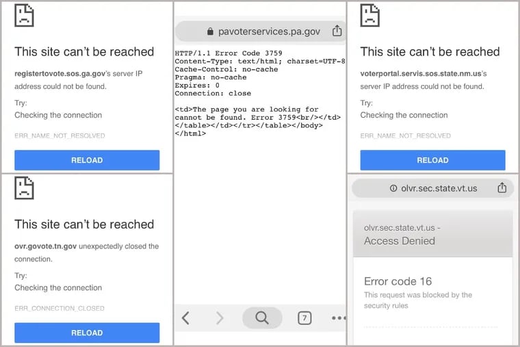 Election websites for Georgia (top left), New Mexico (top right), Tennessee (bottom left) and Vermont (bottom right) are blocked to users outside the United States. Pennsylvania's website, in the center, is also limited to only users within the country.
