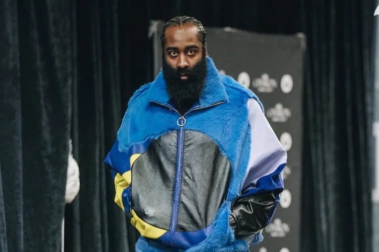 James Harden arrives at Monday night's playoff game in a one-of-a-kind Marni sweatsuit, giving the world Cookie Monster vibes.