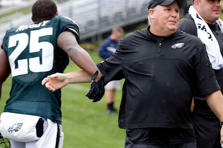 The way they were: Coach Chip Kelly and then-Eagles running back LeSean McCoy during the 2014 preseason. &quot;We've got nothing to shake hands for,&quot; Buffalo's McCoy said Wednesday.