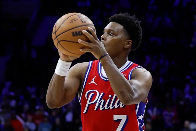Sixers guard Kyle Lowry shoots the basketball against the Charlotte Hornets on March 1.