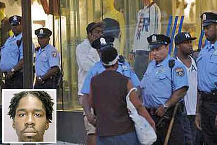 File photo of police presence on South Street in Philadelphia, a week after a flash mob descended on the area in May 2009. Stephen Lyde, now 23, inset, will be in prison for five to 20 years. (File Photo / Staff)