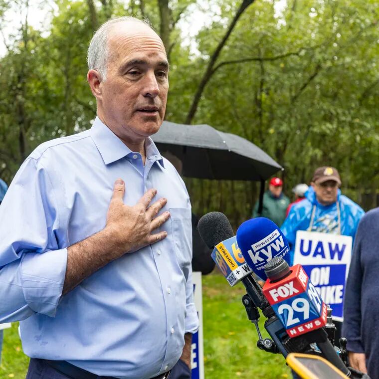 Senator Bob Casey Jr., visits UAW picket line outside the General Motors Customer Care and Aftersales, and speaks with press in Langhorne, Pa., on Tuesday, Sept. 26, 2023.