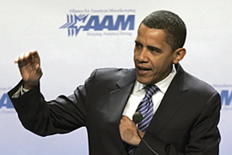 Barack Obama addresses the Alliance for American Manufacturing today during a campaign stop in Pittsburgh.