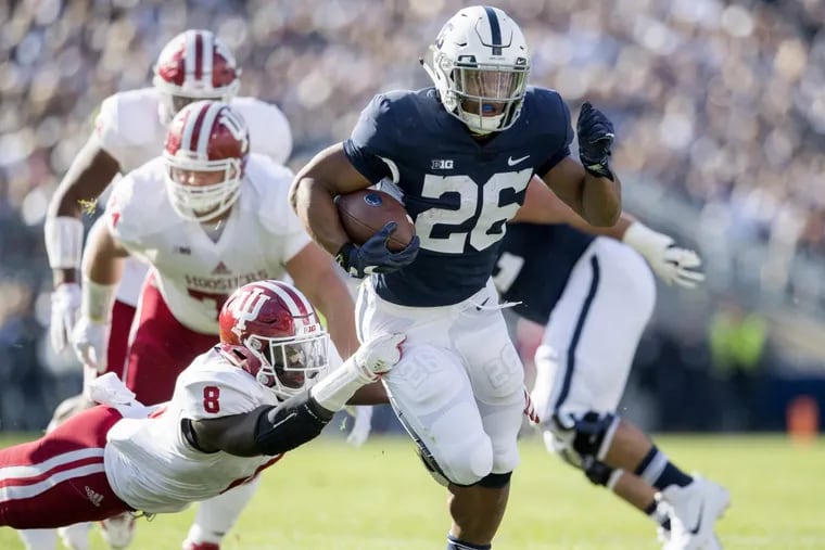 Indiana linebacker Tegray Scales (8) can’t stop Penn State running back Saquon Barkley (26) on Sept. 30 at Beaver Stadium.