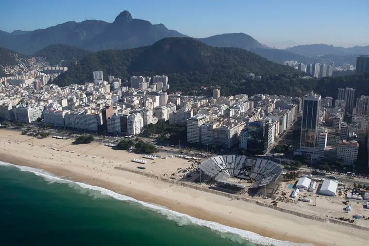 The Olympic beach volleyball site on Copacabana beach, Rio de Janeiro. Construction delays have plagued the Games, though all event venues are now finished.