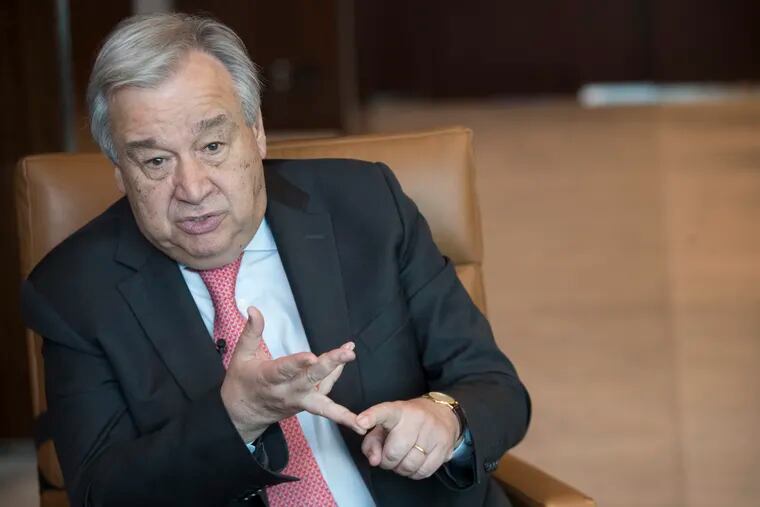 United Nations Secretary-General Antonio Guterres speaks during an interview at United Nations headquarters on Tuesday, May 7, 2019. Guterres said the world has to change, not in small incremental ways but in big “transformative” ways into a green economy with electric vehicles and “clean cities” because the alternative “would mean a catastrophic situation for the whole world.”