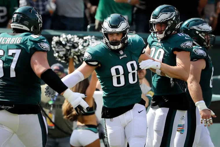 Dallas Goedert (88) celebrating after scoring a touchdown in the first quarter against the Kansas City Chiefs.