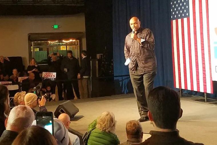NBA Hall of Famer and current “Inside the NBA” host Charles Barkley speaks to supporters of Alabama Democratic Senate candidate Doug Jones on Monday night.