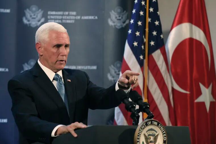 Vice President Mike Pence speaks at the U.S. ambassador's residence during a news conference with Secretary of State Mike Pompeo after their meeting with Turkish President Recep Tayyip Erdogan, in Ankara, Turkey, Thursday, Oct. 17, 2019. Pence says the U.S. and Turkey have agreed to a cease-fire in Syria. (AP Photo/Burhan Ozbilici)