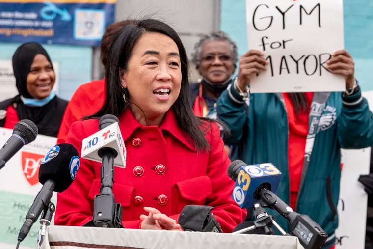 Mayoral candidate Helen Gym speaks in January after being endorsed by the Philadelphia Federation of Teachers. U.S. Rep. Alexandria Ocasio-Cortez endorsed her on Sunday.