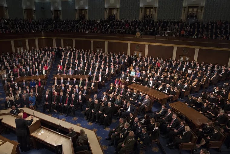 President Trump (bottom left) delivers a State of the Union address to a joint session of Congress at the U.S. Capitol in Washington on Jan. 30, 2018.