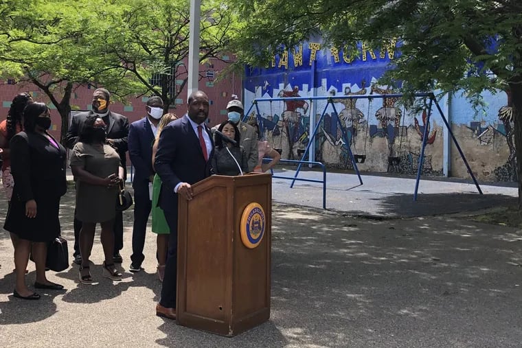 Councilmember Kenyatta Johnson speaks during a news conference at the Hawthorne Recreation Center near 12th and Carpenter streets. He joined with other members of Council to call for millions of dollars worth of new investments in gun-violence prevention.