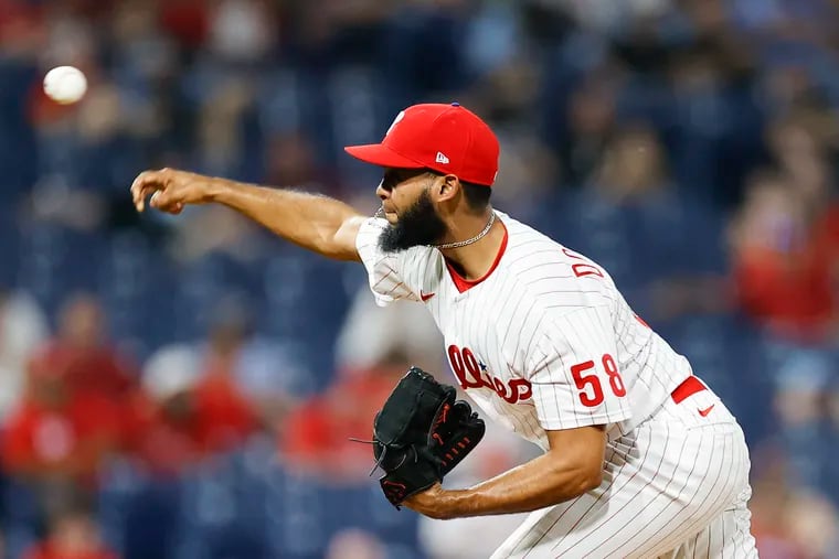 Phillies pitcher Seranthony Dominguez throws the baseball in the ninth inning against the Miami Marlins on Monday, June 13, 2022 in Philadelphia.