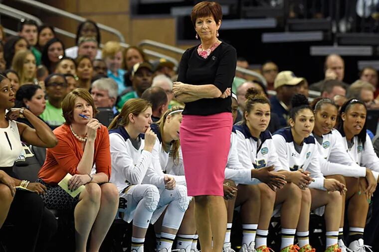 Notre Dame Fighting Irish head coach Muffet McGraw watches her team play against the South Carolina Gamecocks during the first half of a 2015 NCAA Women's Division I Championship semi-final game at Amalie Arena. (John David Mercer/USA Today)