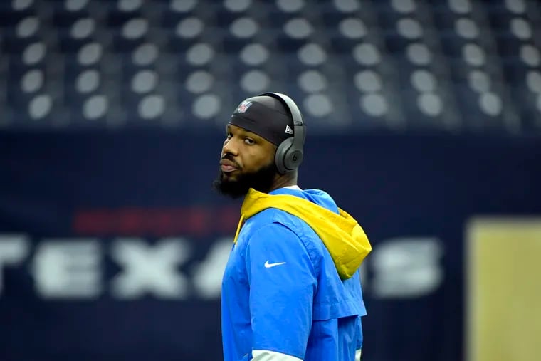 The Los Angeles Chargers' Kyzir White as he warmed up before a game against the Houston Texans on Dec. 26, 2021.