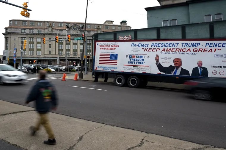 A pro-Trump truck is parked near downtown Scranton on Wednesday, before President Donald Trump's Fox News town hall the next day in Joe Biden's Pennsylvania hometown.