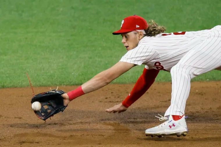 Phillies third baseman Alec Bohm fields a ball hit by the Diamondbacks' Gabriel Moreno during the second inning of Game 2.