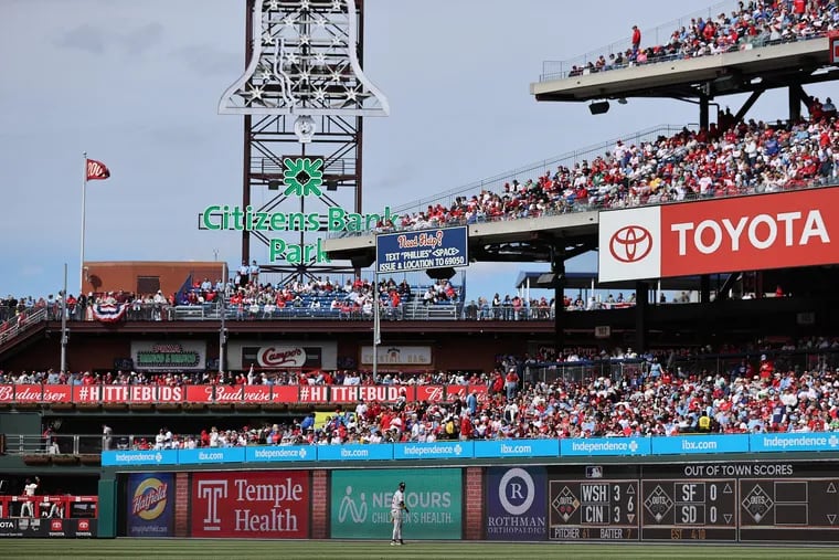 The video wall in right field displays ads and out of town scores on Sunday at Citizens Bank Park.