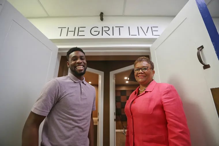 Enterprise Center President Della Clark and Anthony Dixon, project manager of The Grit Live, in the new podcast recording studio. 