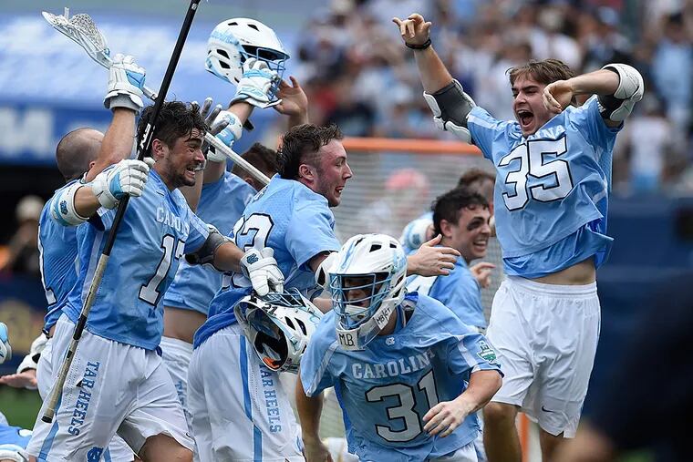 University of North Carolina players celebrate their NCAA championship
victory over the University of Maryland on Monday, May 30, 2016, at
Lincoln Financial Field in Philadelphia.