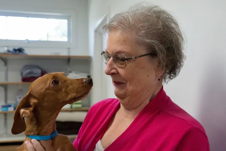 Lorraine Young, hugs her dog, Andy, on a visit to the vet after the dog received emergency spine surgery on July  17th  and is now almost fully recovered at St. Francis Veterinary Center in Swedesboro, New Jersey on Monday, August 12, 2019.