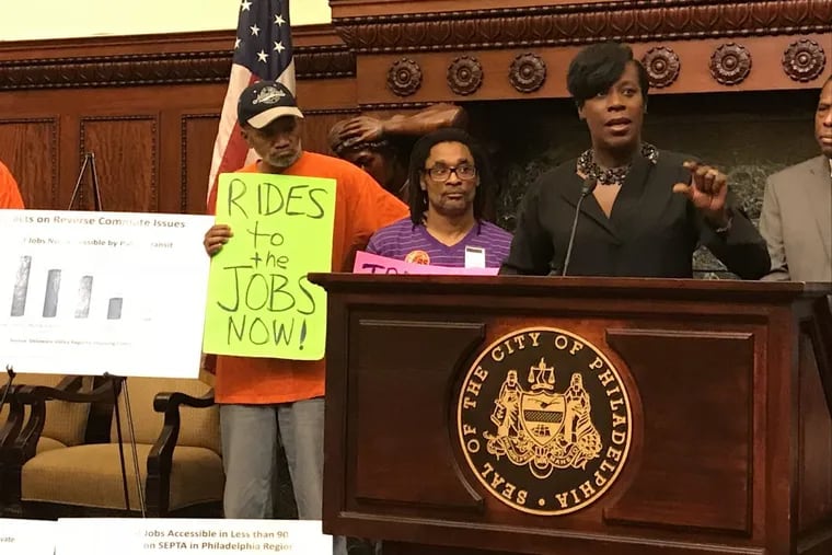 City Council member Cherelle Parker speaks at a news conference to encourage support for a car pool service to connect city workers with suburban jobs.