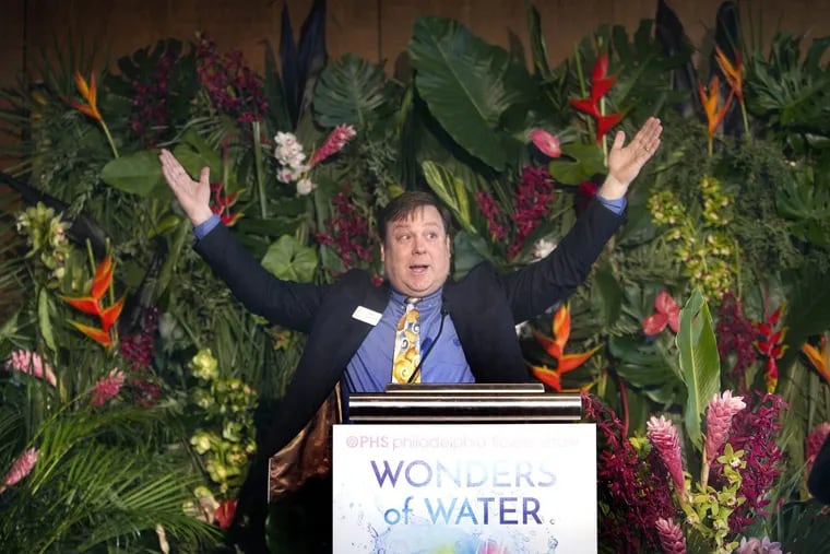 Sam Lemheney, chief of shows and events for the Pennsylvania Horticultural Society, welcomes guest as he speaks at the podium during the Philadelphia Flower Show 2018 news conference held at the Loews Hotel, Philadelphia on Tuesday.