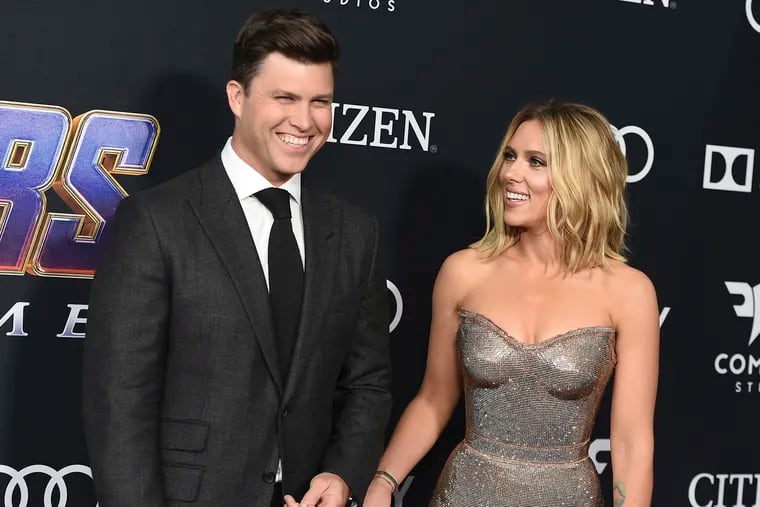 FILE - In this April 22, 2019, file photo, Colin Jost, left, and Scarlett Johansson arrive at the premiere of "Avengers: Endgame" at the Los Angeles Convention Center. Wedding bells are in the future for actress Scarlett Johansson and Saturday Night Live's Colin Jost. Johansson's publicist Marcel Pariseau tells The Associated Press Sunday, May 19, 2019, that the private couple is officially engaged after two years of dating. Pariseau says no date has been set for the nuptials. (Photo by Jordan Strauss/Invision/AP, File)