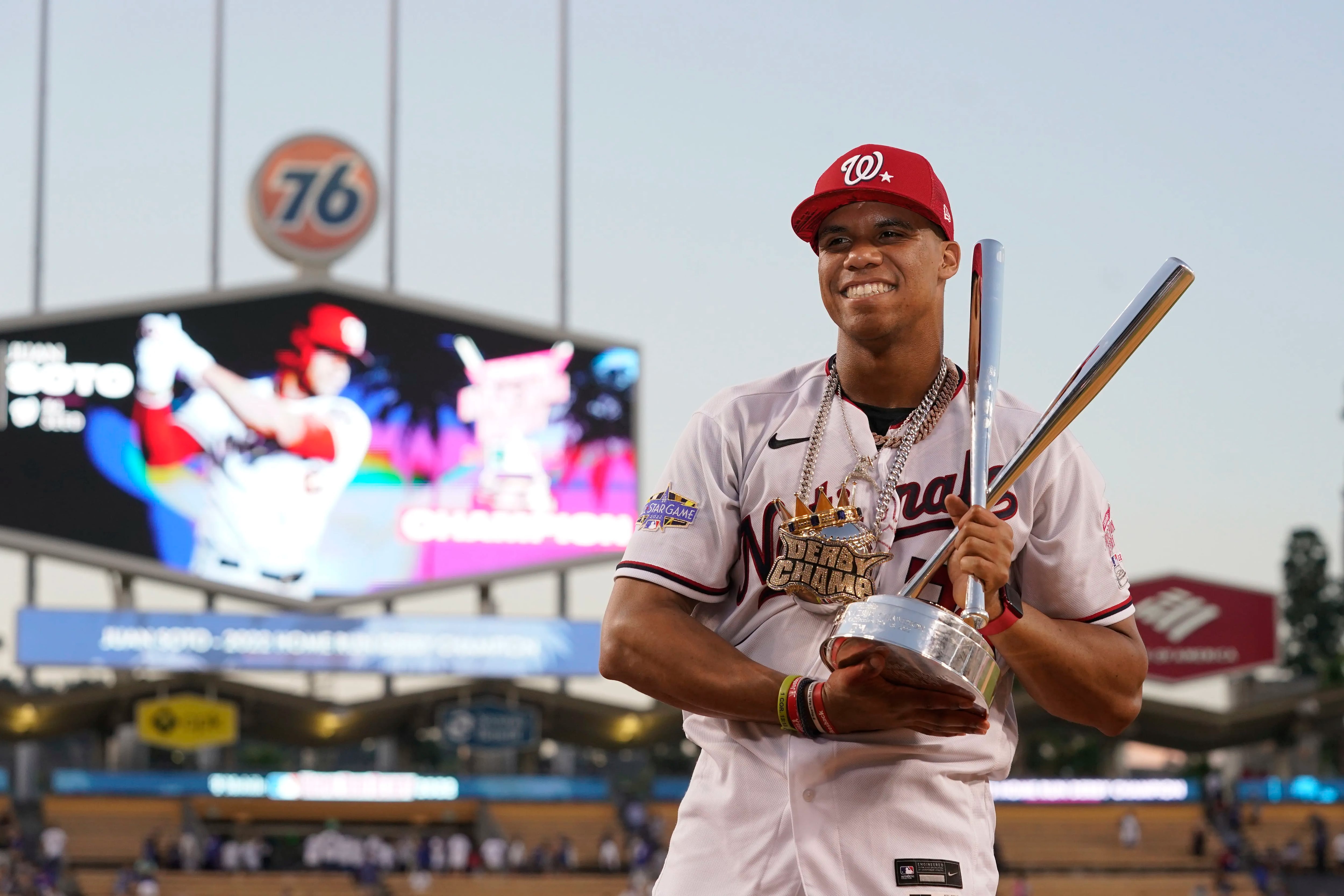 Juan Soto holds the winner's trophy after winning the 2022 Home Run Derby.