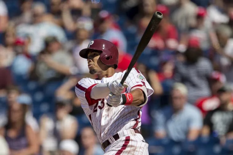 The Phillies’ Aaron Altherr follows through on a home run in the seventh inning of a 7-1 win against the San Diego Padres, Sunday, July 9, 2017, in Philadelphia. The outfielder could be returning from his hamstring injury sooner than expected.