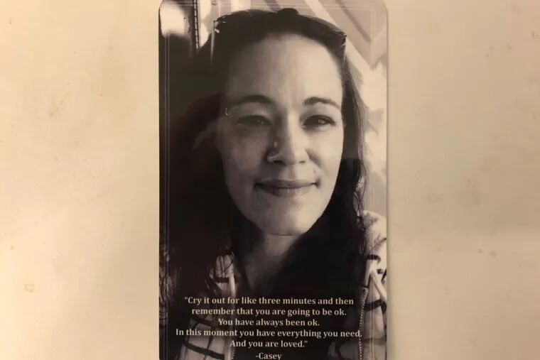 Memorial card for Casey Fay Berrian with her quote, given to guests at her memorial service at the William Way LGBT Community Center on Feb. 4