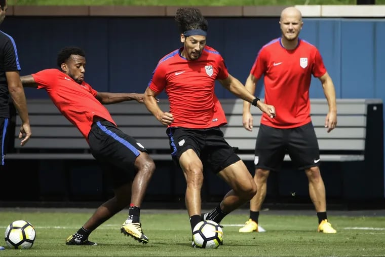 The United States men’s national soccer team’s Omar Gonzalez (center), Kellyn Acosta (left) and Michael Bradley (right) at a practice Tuesday ahead of Wednesday’s CONCACAF Gold Cup quarterfinal game against El Salvador at Lincoln Financial Field.