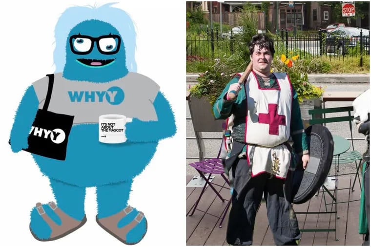 At left, WHYY's new mascot, Whitty. At right, a live action role player in one of the University City District's LARPlets.