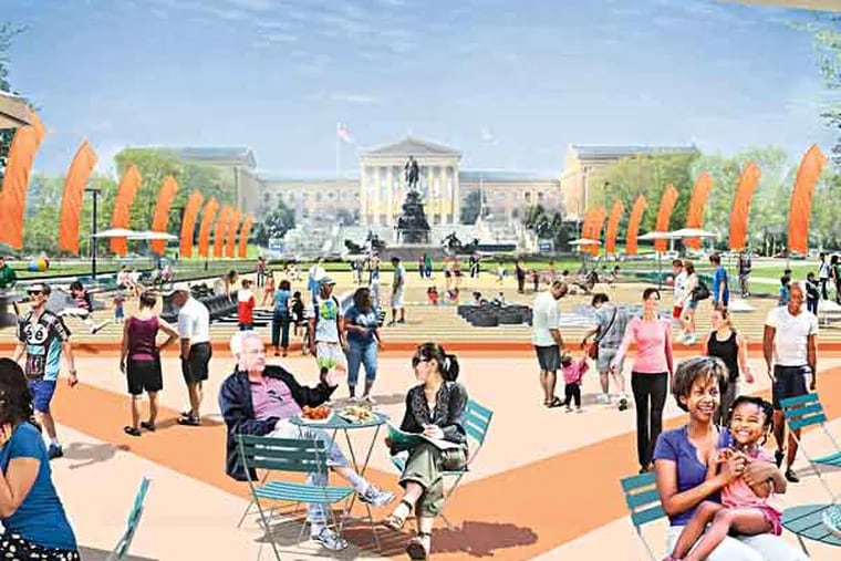 A pop-up park comes to the middle of the Parkway, when “The Oval” debuts July 17 for five weeks. Image is provided rendering.