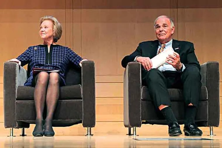 Judge Marjorie O. Rendell and former Pennsylvania Gov. Ed Rendell wait together after they announce the finalists for the 2013 Citizenship Challenge Essay Contest during a press event at the National Constitution Center in Philadelphia on Nov. 21, 2013. ( DAVID MAIALETTI / Staff Photographer )