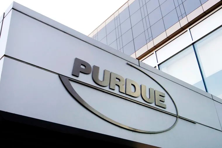 The Purdue Pharma logo at its offices in Stamford, Conn.
