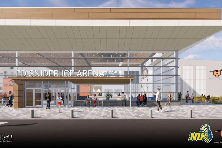 An artist's rendering of the new ice hockey arena planned for Neumann University's campus. Neumann University has been offered a $15 million matching gift from Ed Snider Youth Hockey & Education to build an on-campus ice hockey arena for use by both its teams and the program, which serves disadvantaged teens in the Philadelphia region.