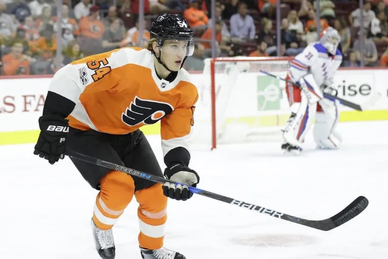 With Wayne Simmonds sidelined, Flyers left winger Oskar Lindblom, shown in a preseason game, is getting his first chance to play in the NHL.