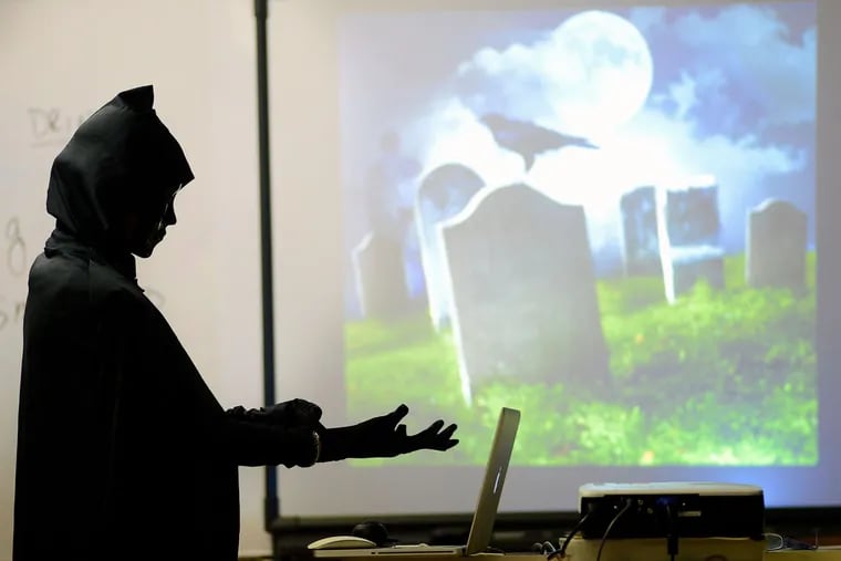 Kyle Tevlin dresses as the grim reaper to start her “I Want a Fun Funeral” class. Tevlin runs a personal-planning business that finds creative ways to hold funerals.