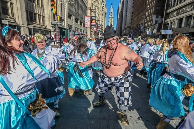 Jerry Murphy, of the Two Street Strutters Comic Division, decided to strut down Broad Street sans jacket or shirt on one of the coldest Mummers Parades ever.