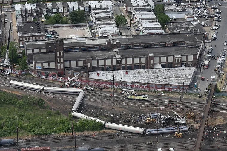 An aerial view of the Amtrak Train 188 derailment in Port Richmond on May 13, 2015. ( DAVID MAIALETTI / Staff Photographer )