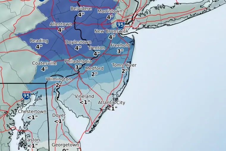That’s right: More snow. The highest amounts are expected north and west of Philadelphia, with lower amounts toward the Shore.