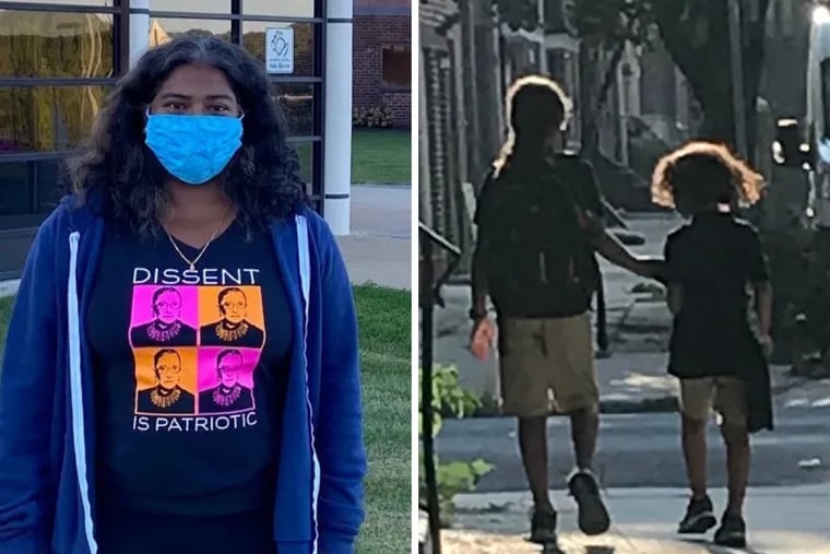 Emergency physician Priya Mammen, left, in 2020; at right, her two sons head to school in Philadelphia in 2018.