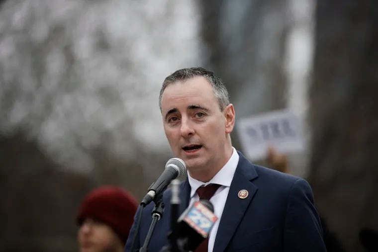Rep. Brian Fitzpatrick, R-Pa., will co-chair a new task force on water contamination. Here, he speaks during a demonstration against the partial government shutdown on Independence Mall in Philadelphia, Tuesday, Jan. 8, 2019. (AP Photo/Matt Rourke)