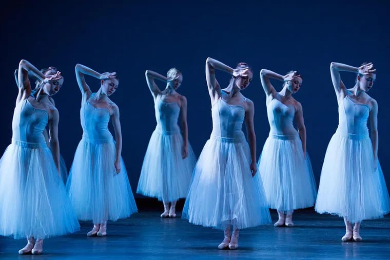 Artists of Pennsylvania Ballet in George Balanchine’s Serenade. (Photo by Alexander Iziliaev)