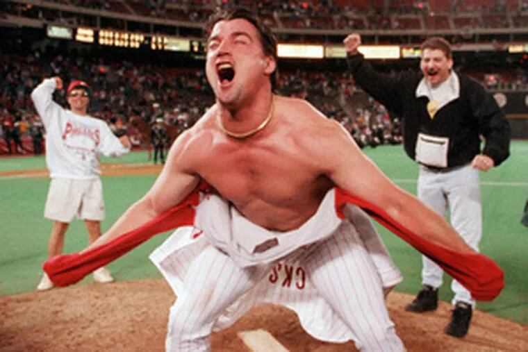 Pitcher Danny Jackson pumped it up for the fans after the Phillies clinched the NL pennant.