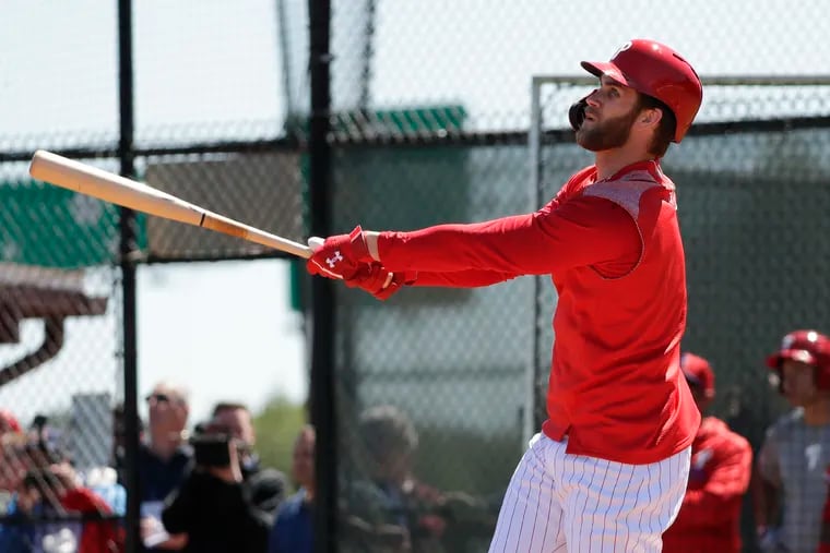 Bryce Harper got 12 plate appearances in a simulated game against minor-league pitchers Thursday at the Carpenter Complex.