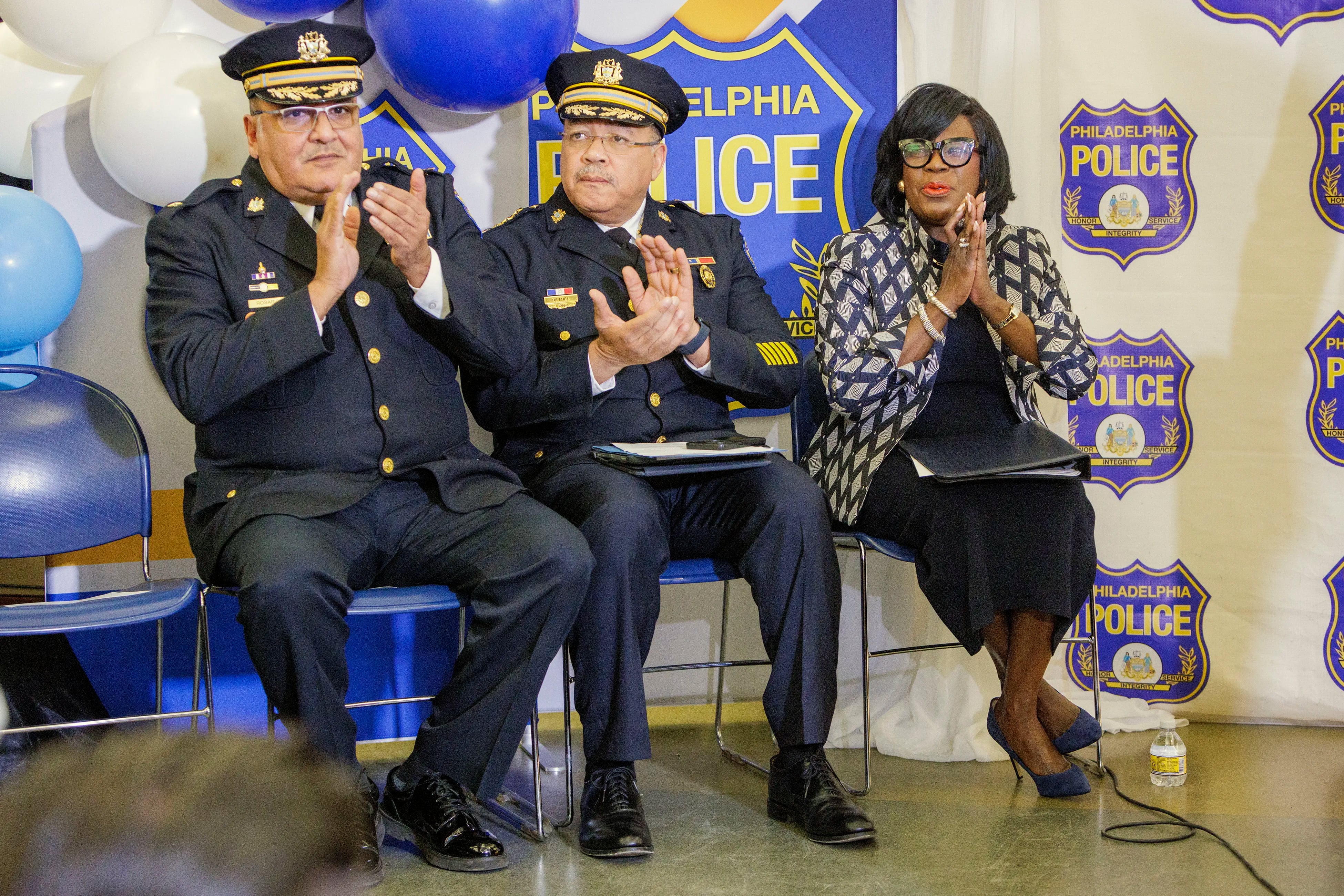 Pedro Rosario, deputy police commissioner for the Kensington Initiative, Police Commissioner Kevin Bethel, and Mayor Cherelle L. Parker. 
