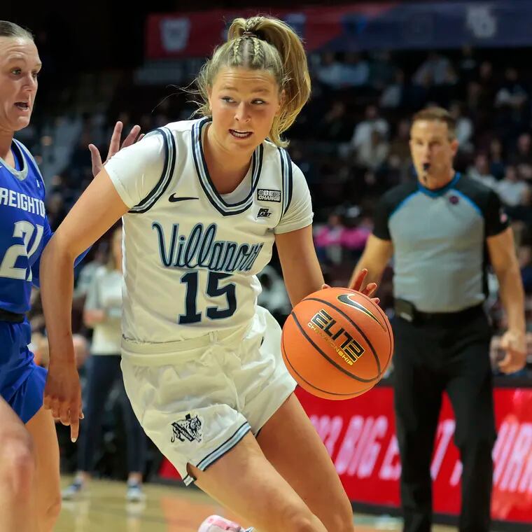 Brooke Mullin (right) of Villanova in action against Creighton during a Big East Tournament semifinal game on March 5, 2023, at Mohegan Sun In Uncasville, Conn.